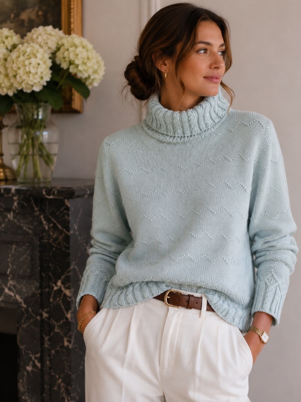 Petite Sophisticate Angora Rabbit Hair Blend Turtleneck Sweater Size L Blue